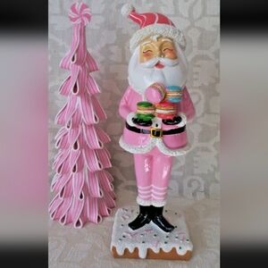 14" Pastel Pink Standing Santa Holding Macrons Gingerbread cookie Figurine Decor